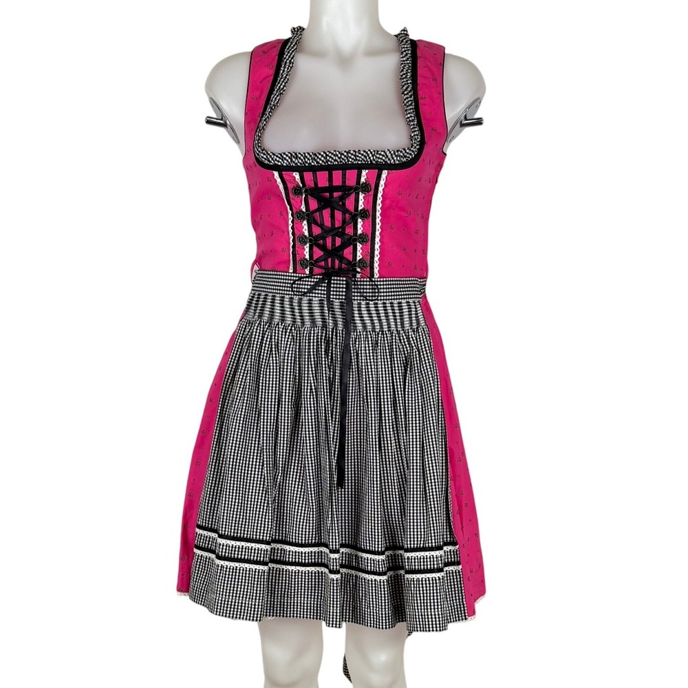 German Landhaus Dirndl Short Dress Pink Gingham Oktoberfest Bavarian Folk Small